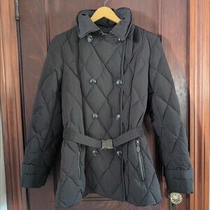 Cole Haan Womens M Black Diamond Quilted Belted Puffer Jacket Down Coat